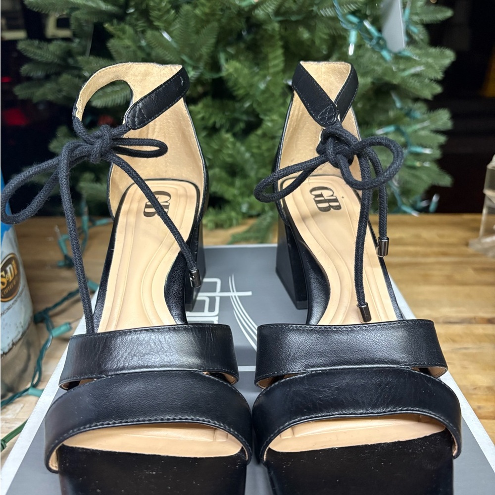 Gianni Bini Black Leather Block Heel Sandals with Lace-Up Ankle